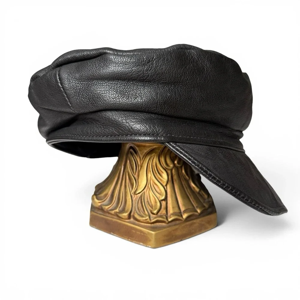 Vintage Champlain Leather Newsboy Greek Fisherman Hat Black USA Large